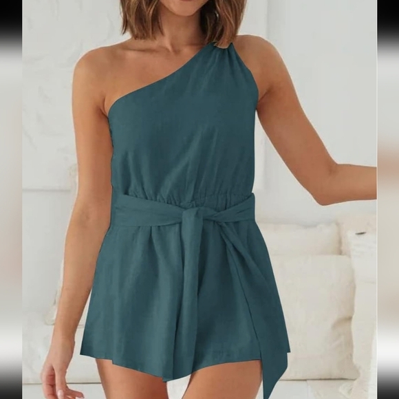 Automet Pants - AUTOMET New Womens Rompers One Shoulder Jumpsuits Linen Shorts Jumper Size L